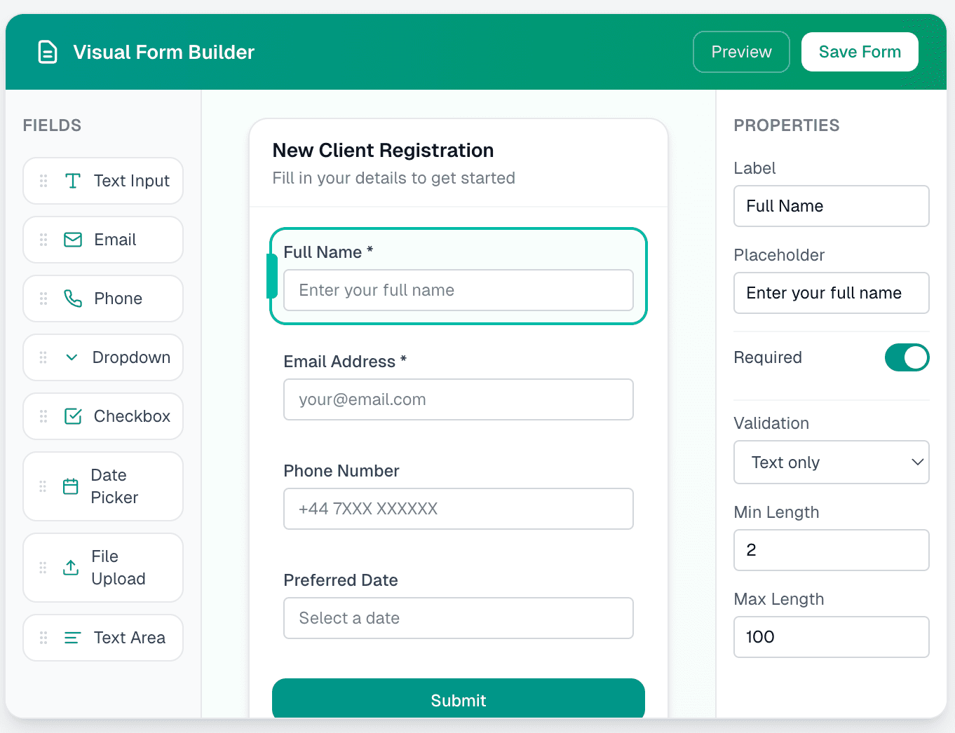 Visual form builder with drag-and-drop fields and live preview